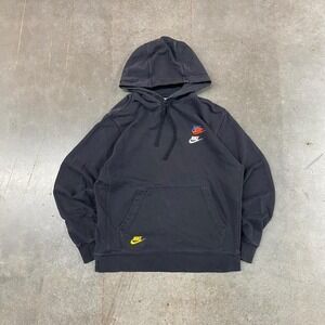 Y2K Nike Hoodie Black Multi Color Swoosh Logo Mens Sz Medium